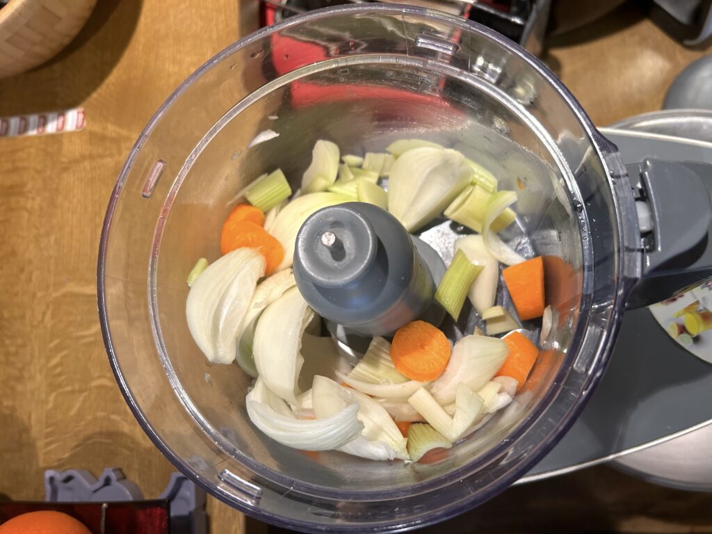mix 2 onions, 1 carrot and a stalk of celery